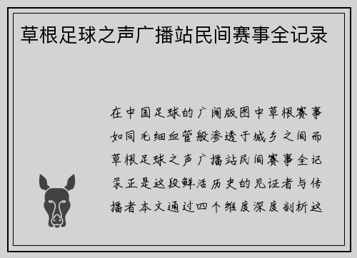 草根足球之声广播站民间赛事全记录