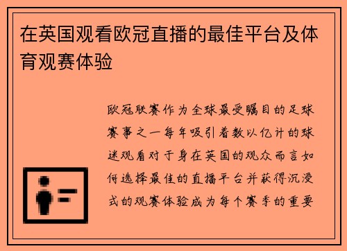 在英国观看欧冠直播的最佳平台及体育观赛体验